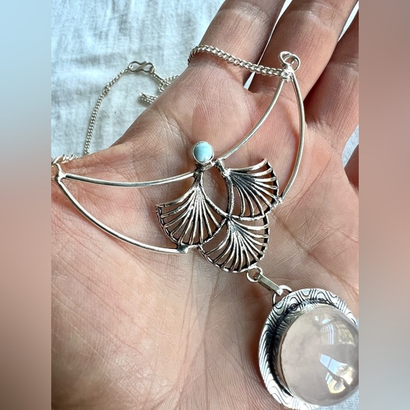 925 ORNATE Rose Quartz + Larimar Necklace Pendant - Picture 3 of 10